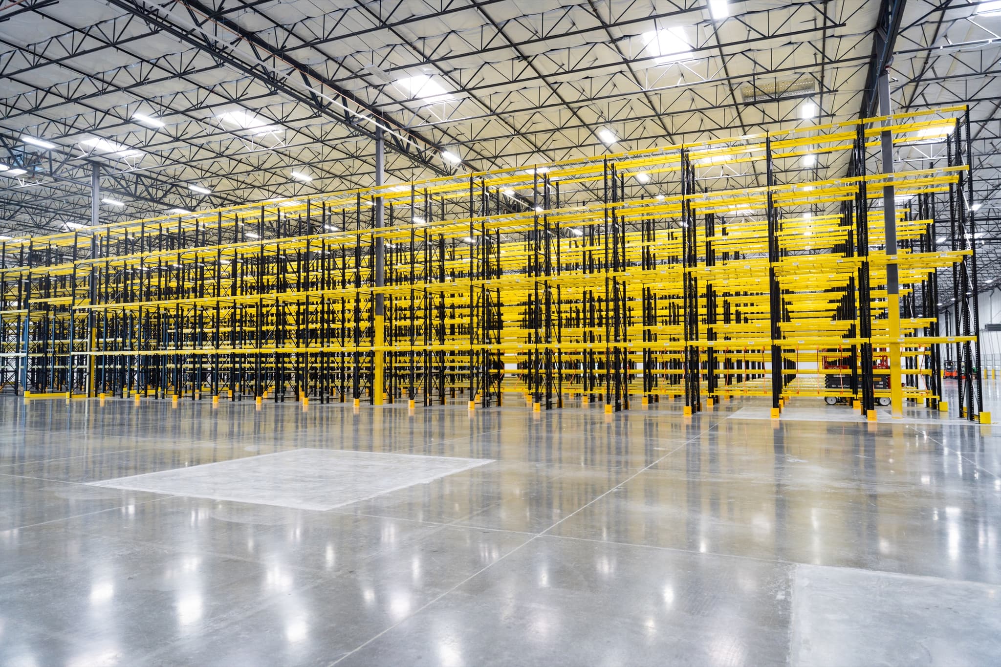 Completed pallet rack system in a modern warehouse